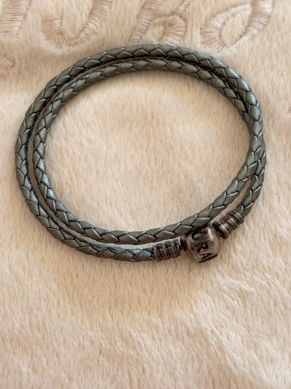 Pandora Grey Braided Leather Bracelet S925 ALE Barrel Clasp